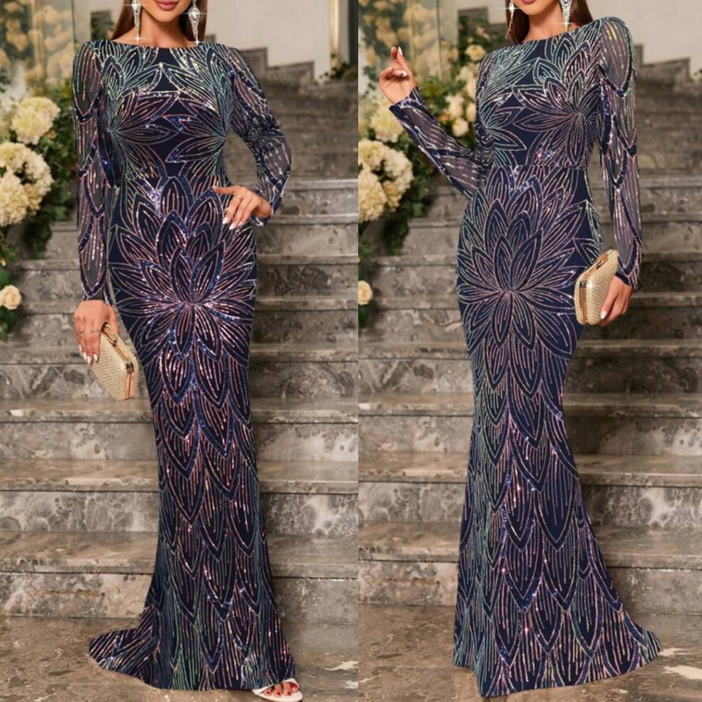 Luxe long sleeve party formal sequins dress